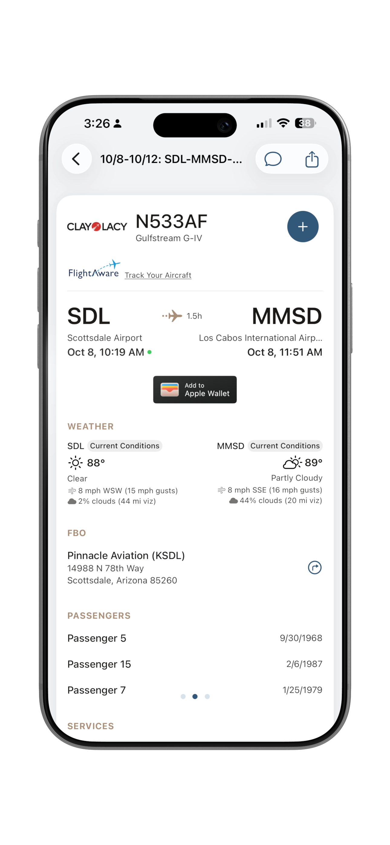 Complete flight management with routing, passengers, weather, and FBO details